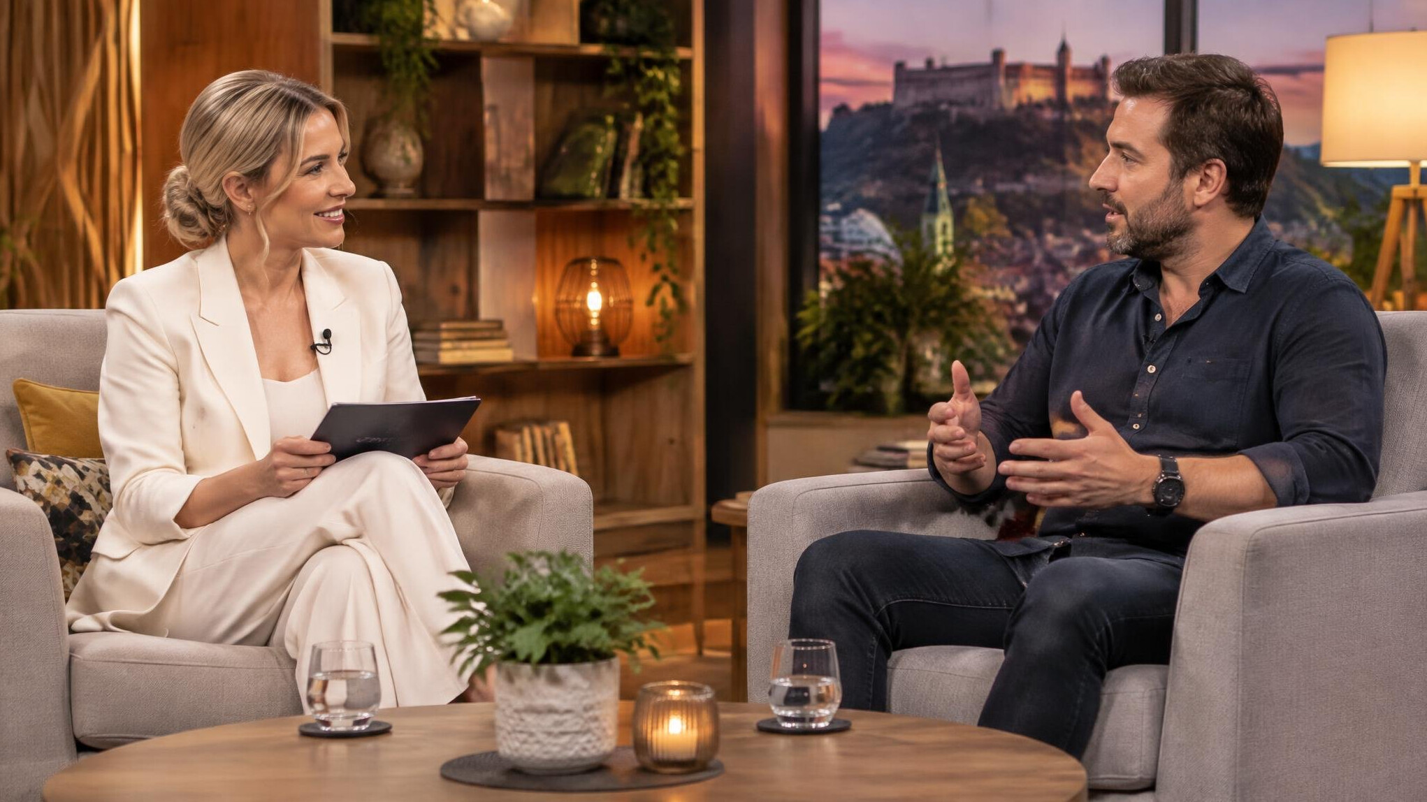 Host interviewing a guest on a studio set