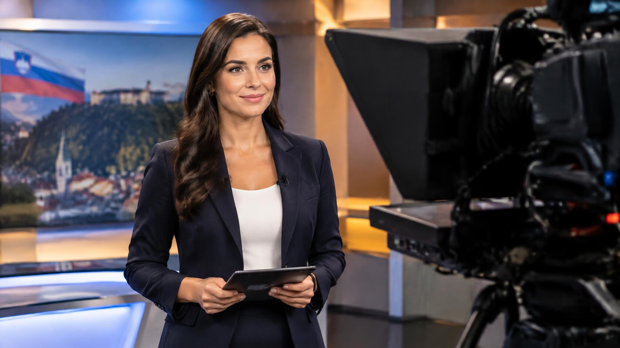 Television presenter rehearsing in front of studio cameras