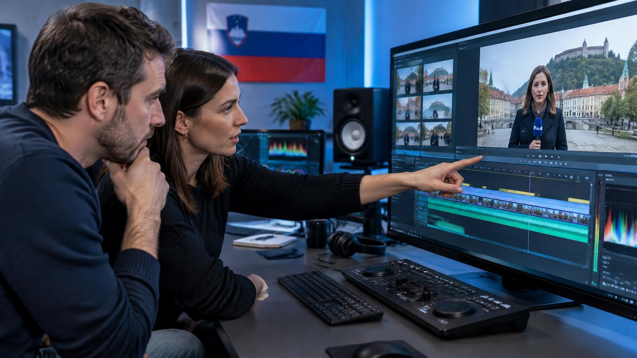 Reviewing recorded footage on a monitor in a studio